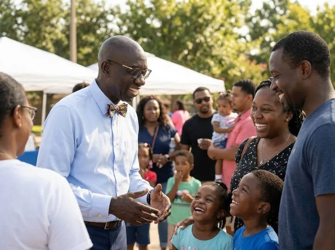 Attorney Papa Dieye talking and laughing with a family at a Pearland community festival