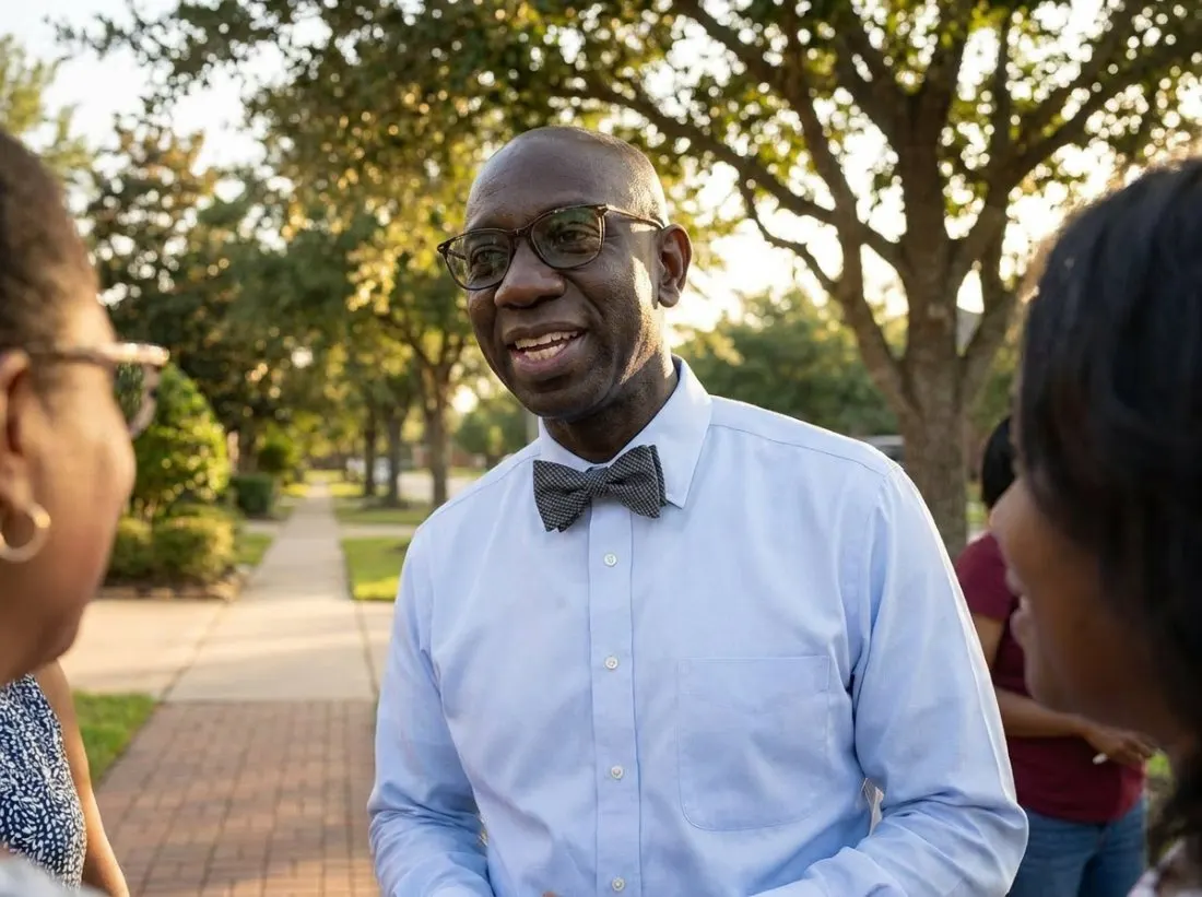 Attorney Papa Dieye in conversation on a tree-lined Pearland sidewalk