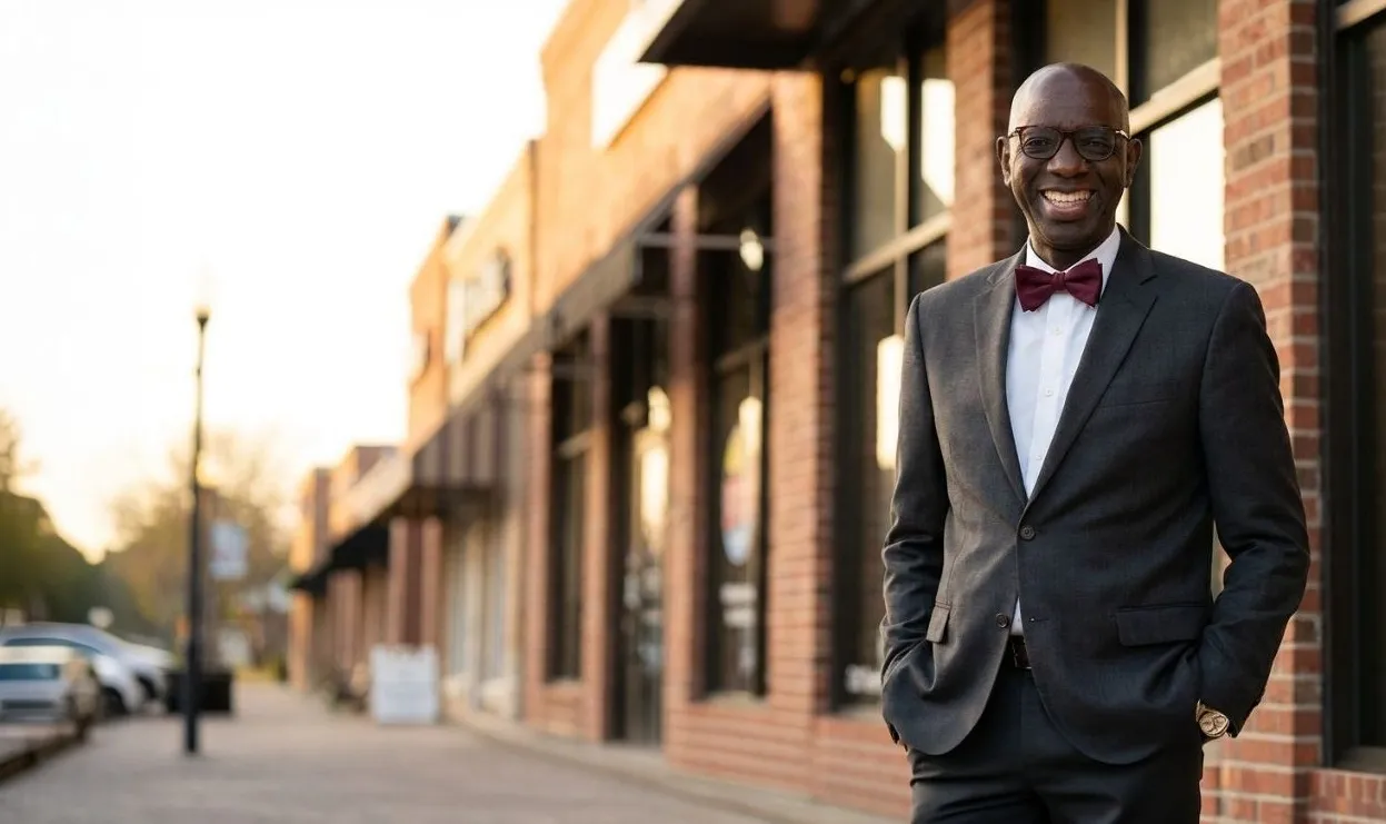 Attorney Papa Dieye outside the brick storefronts in Old Town Pearland