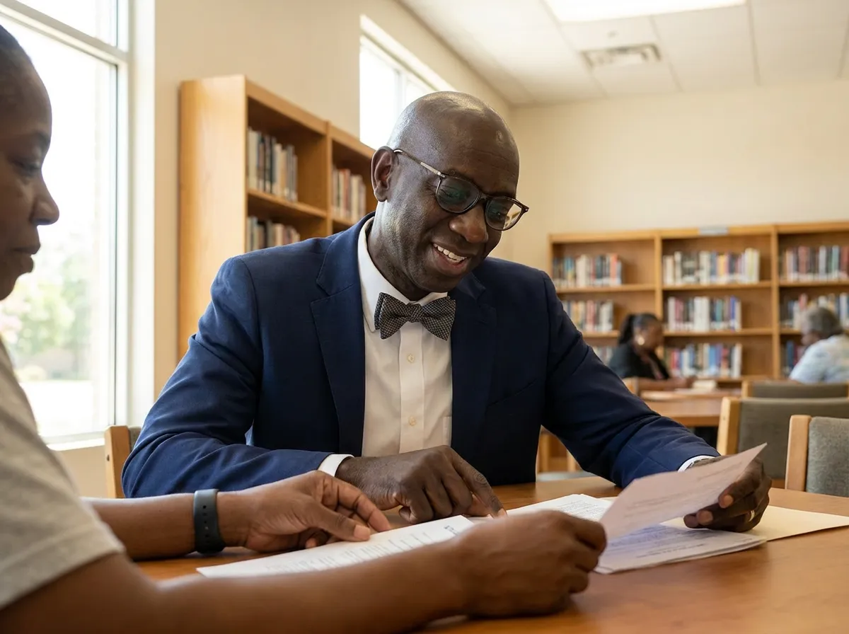 Attorney Papa Dieye going through paperwork at a table with a client