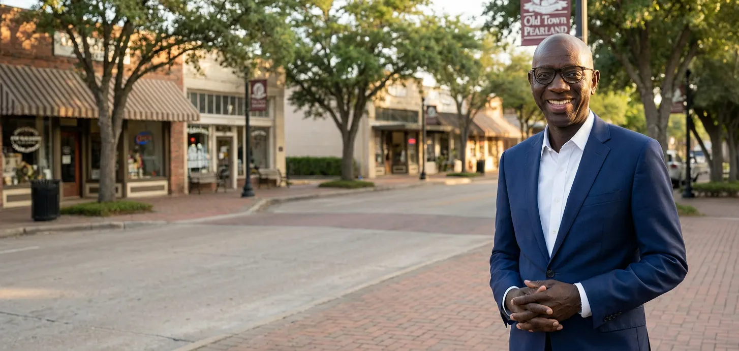 Attorney Papa Dieye on the brick sidewalk in Old Town Pearland